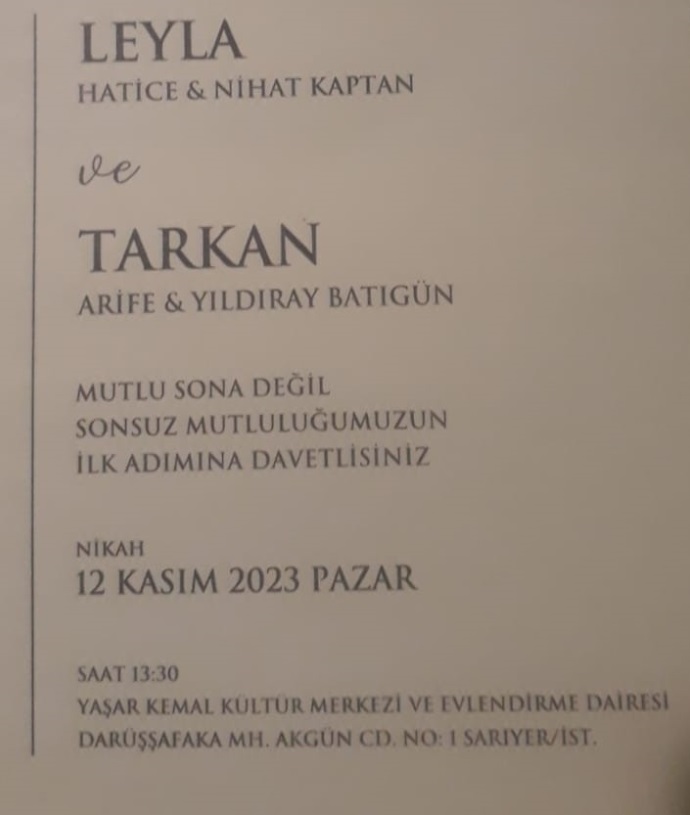 ÖZKAN  ÇAM‘IN KIZI (ARİFE-YILDIRAY) OĞLU TARKAN‘IN DÜĞÜNÜNE TÜM DOSTLARIMIZ DAVETLİDİR.