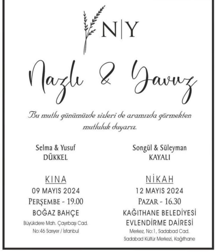 SONGÜL&SÜLEYMAN KAYALI‘IN OĞLU YAVUZ KAYALI‘IN NİKAHI NA TÜM DOSTLARIMIZ DAVETLİDİR.