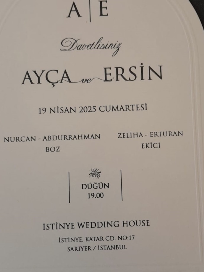 ZELİHA/ ERTURAN EKİCİ‘İN OĞLU ERSİN EKİCİ‘İN DÜĞÜNÜ‘E TÜM DOSTLARIMIZ DAVETLİDİR.